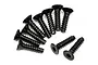 A set of ten black metal countersunk head screws with coarse threads, arranged on a white background.