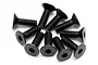 A cluster of ten black metal countersunk hex head screws arranged in a circular pattern on a white background.