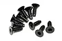 A cluster of ten black HPI Racing 3x8mm coarse thread countersunk head screws on a white background.