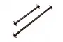Two black metal centre driveshafts for an RC car, each with a ball joint and cross pin at both ends, isolated on a white background.