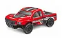 A red Maverick Strada SC short course RC truck body shell featuring black and white racing decals, mounted on a chassis against a white background.