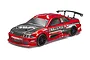 A red Maverick Strada DC RC drift car body shell with black carbon-style hood, rear wing, and racing decals, shown on a white background.