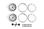 A set of two silver aluminium 1.9 inch beadlock RC rims with assembly hardware and wheel hubs on a white background.