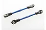 Two blue anodized aluminium turnbuckles with black plastic rod ends on a white background.