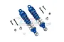 Two blue anodized aluminium RC shock absorbers with silver springs and included mounting hardware on a white background.