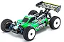 Kyosho Inferno MP9e Evo. V2 1/8 scale electric RC buggy in green and black livery with white wheels on a white background.