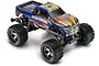 Traxxas Stampede VXL 2WD electric RC monster truck with blue, orange, and silver body graphics, shown from a high-angle studio view.