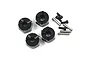 Four black aluminium wheel hexes with 8.0 markings, accompanied by four metal screw pins and four small black set screws on a white background.