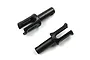 Two black steel outdrive cups for RC car drivetrain, shown from an angled perspective on a white background.