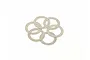A cluster of six thin, flat, circular metal washers arranged on a white background.