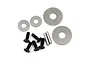 A set of RC differential maintenance parts including four flat washers, five black countersunk screws, and two metal pins on a white background.