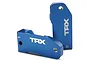Two blue anodized aluminium Traxxas C-hub carriers for RC cars, marked with L and R for left and right sides.