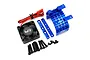 Yeah Racing blue aluminium heat sink for 540/550 motors with a 30mm Tornado cooling fan, mounting brackets, and screws on a white background.