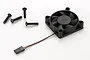 Hobbywing 4510 series cooling fan with black plastic housing and seven-blade impeller, including four black mounting screws and a two-pin connector.