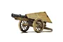A studio shot of the Academy da Vinci Series Springarde Retractable Cannon model kit, featuring a wooden-textured carriage and a black cannon barrel.
