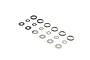 A set of various sized metal differential shims arranged on a white background.