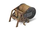A studio shot of the Academy da Vinci Series Mechanical Drum model kit, showing a brown plastic frame with a large drum and hand crank mechanism.