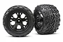 Two Traxxas 2.8 inch Talon tires pre-glued onto black chrome All-Star rims, shown from front and angled views.