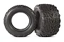 Two black Traxxas Talon 2.8 inch RC monster truck tyres with aggressive tread patterns and foam inserts visible inside.