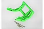 A bright green Traxxas wheelie bar mount made of molded plastic, shown with three included metal screws on a plain white background.