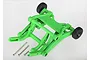 A bright green Traxxas RC wheelie bar assembly with two small black wheels and three metal screws on a white background.