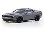 A grey Kyosho Mini-Z Dodge Challenger SRT Hellcat Redeye RC car viewed from a front three-quarter angle on a white background.