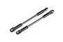 Two Traxxas hardened steel turnbuckles with black plastic rod ends on a white background.