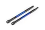 Two blue anodized aluminum turnbuckles with black plastic rod ends, labeled TRX 7075-T6, isolated on a white background.