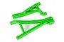 Two bright green Traxxas E-Revo heavy-duty suspension arms, one upper and one lower, isolated on a white background.