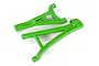 Two bright green Traxxas E-Revo heavy-duty suspension arms shown from a top-down perspective on a white background.