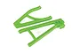 Two bright green Traxxas heavy-duty suspension arms for an RC vehicle, shown against a white background.