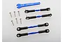 Traxxas blue aluminium turnbuckle set including four assembled turnbuckles, five screws, and a blue adjustment wrench on a white background.