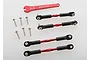 Traxxas red aluminium turnbuckle set including four turnbuckles, five screws, and a red adjustment wrench on a white background.