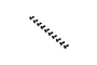 A set of ten black metal countersunk head screws with hex drive sockets arranged in a diagonal line on a white background.