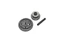 Losi Super Baja Rey centre transmission gear set including two metal gears and a steel pin on a white background.