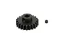 A black metal 22-tooth pinion gear with a set screw, isolated on a white background.