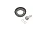 Losi rear spiral cut differential ring gear, pinion gear, and two small metal shims on a white background.