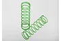 Two bright green coil springs for RC car shock absorbers, one standing upright and one lying horizontally on a white background.