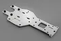 A silver aluminium rear main chassis plate for an RC vehicle, featuring multiple mounting holes and cutouts, viewed from an elevated angle.