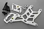 Rovan silver aluminium heavy-duty rear upper chassis plate set with mounting hardware and spacers on a grey background.