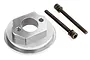 A silver aluminium angled air filter mount for RC engines, accompanied by two black metal bolts with washers.