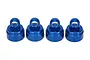 Four blue anodized aluminium shock caps for Traxxas Ultra Shocks arranged in a row against a white background.