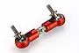 A red anodized aluminium RC servo steering linkage with ball joints and threaded studs on a white background.