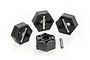 Four black plastic 12mm wheel hexes for BlackZon RC cars, with metal drive pins included, arranged on a white background.