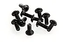 A small pile of ten black metal washer head screws with Phillips drive heads, isolated on a white background.