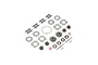 A collection of metal differential gears, shims, pins, and O-rings for the Losi Super Baja Rey, laid out on a white background.