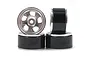 A set of four Yeah Racing 1-inch 5-spoke beadlock rims for SCX24 RC crawlers, featuring silver faces and black barrels against a white background.