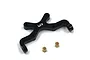 A black anodized aluminium rear body mount for RC cars by Yeah Racing, shown with two small brass bushings on a white background.