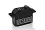 Power HD R6 black aluminium mini coreless servo with metal output gear, shown from a side angle on a white background.