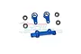 GPM Racing blue aluminium steering assembly parts including two steering arms, a steering bridge, and four small ball bearings on a white background.